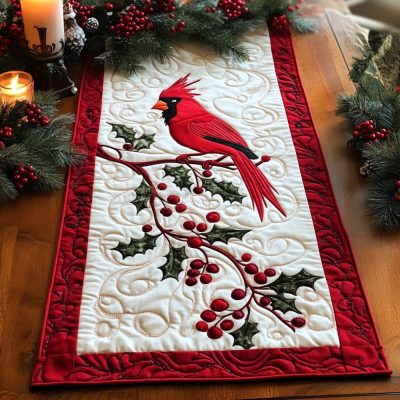 Holly Cardinal Quilted Table Runner