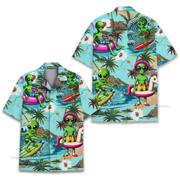 Funny Alien Surf Beach Party Tropical Hawaiian Shirt
