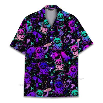 Neon Raccoon & Magic Mushroom Funny Psychedelic Hawaiian Shirt