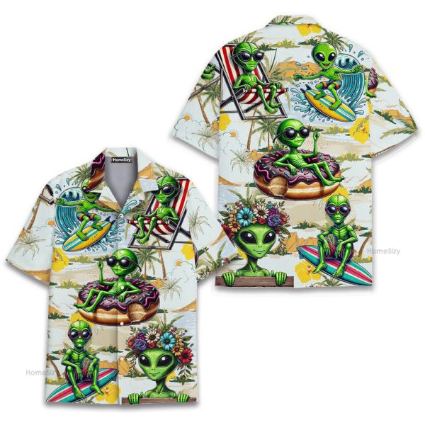 Cool Alien Relaxing Extraterrestrial & Surfboard Hawaiian Shirt