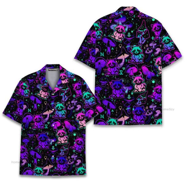 Neon Raccoon & Magic Mushroom Funny Psychedelic Hawaiian Shirt