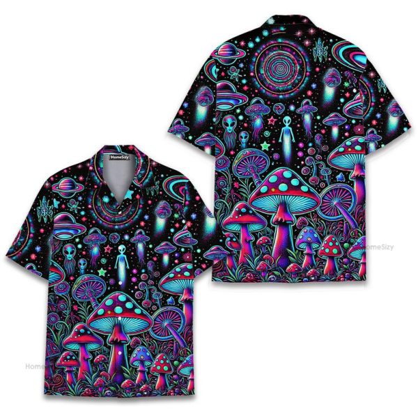 Psychedelic Alien Trippy Neon Mushroom Hawaiian Shirt