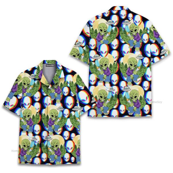 Trippy Alien Funny Ufo & Weed Graphic Hawaiian Shirt