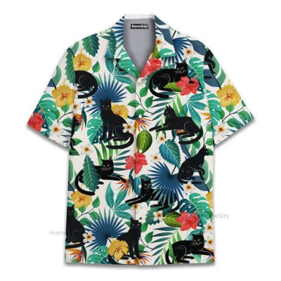 Funny Black Cat Tropical Jungle Floral Hawaiian Shirt