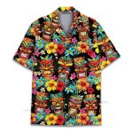 Funny Tiki  Mask Retro Bold Tribal Mask & Tropical Floral Hawaiian Shirt