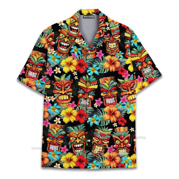 Funny Tiki  Mask Retro Bold Tribal Mask & Tropical Floral Hawaiian Shirt