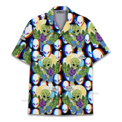 Trippy Alien Funny Ufo & Weed Graphic Hawaiian Shirt