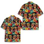 Funny Tiki  Mask Retro Bold Tribal Mask & Tropical Floral Hawaiian Shirt