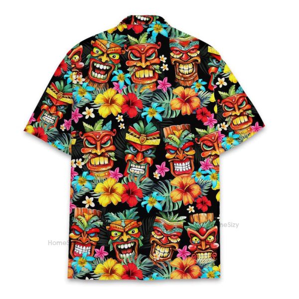 Funny Tiki  Mask Retro Bold Tribal Mask & Tropical Floral Hawaiian Shirt