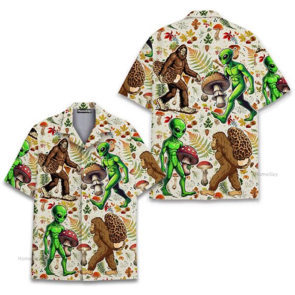 Bigfoot & Alien Mushroom Retro Cryptid Hawaiian Shirt