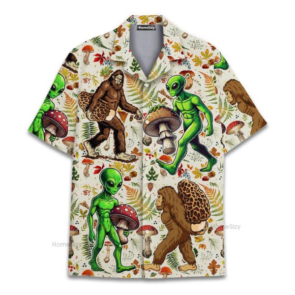 Bigfoot & Alien Mushroom Retro Cryptid Hawaiian Shirt