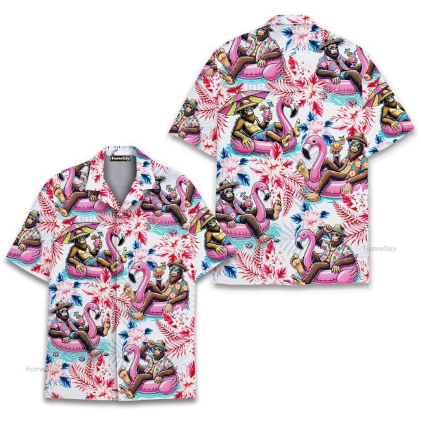 Funny Bigfoot Tropical Beach Party Flamingo Hawaiian Shirt