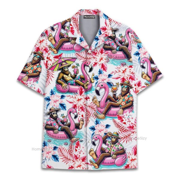 Funny Bigfoot Tropical Beach Party Flamingo Hawaiian Shirt