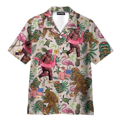 Funny Bigfoot Flamingo Tropical Sasquatch Hawaiian Shirt