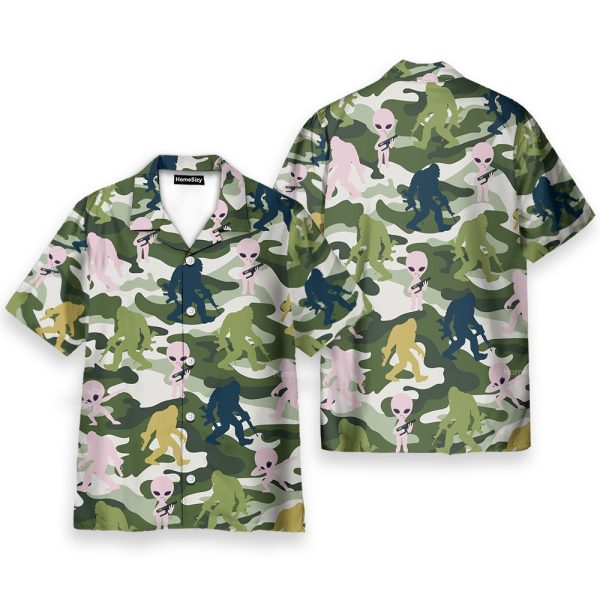 Alien & Bigfoot Camo Funny Ufo Sasquatch Hawaiian Shirt