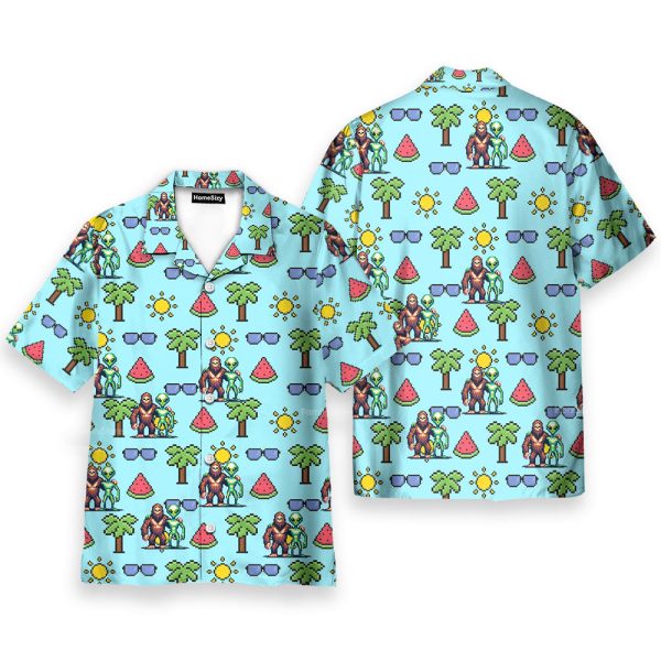 Retro Pixel Bigfoot & Ufo Alien Tropical Hawaiian Shirt