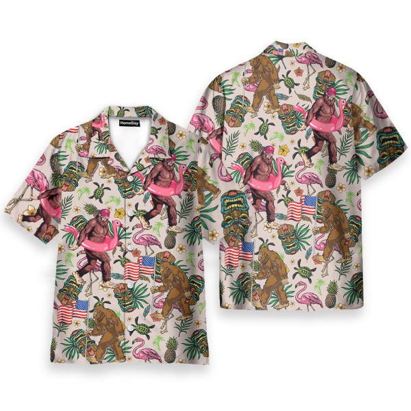Funny Bigfoot Flamingo Tropical Sasquatch Hawaiian Shirt