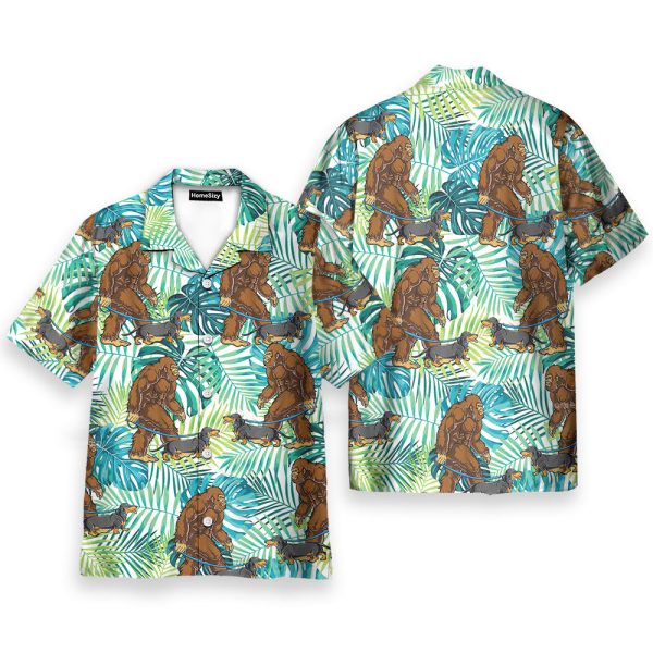 Funny Bigfoot Walking Dachshund Tropical Hawaiian Shirt
