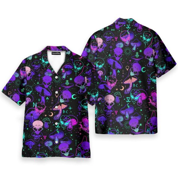 Trippy Alien & Mushroom Psychedelic Hawaiian Shirt