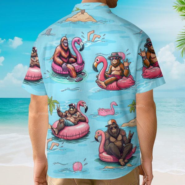 Funny Bigfoot Flamingo Pool Party Tropical Hawaiian Shirt