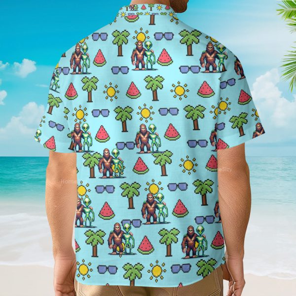 Retro Pixel Bigfoot & Ufo Alien Tropical Hawaiian Shirt