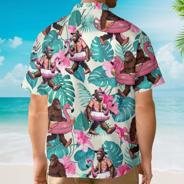 Funny Bigfoot Flamingo Relaxing Sasquatch Tropical Hawaiian Shirt