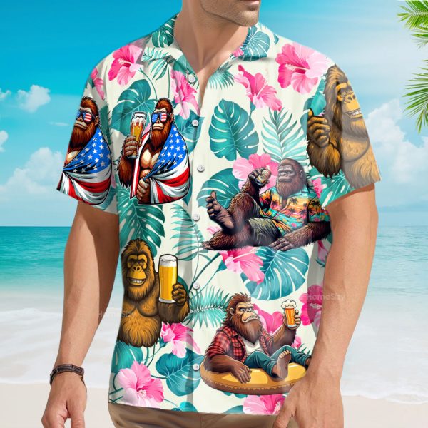 Funny Bigfoot Drink Beer Tropical Floral Hawaiian Shirt