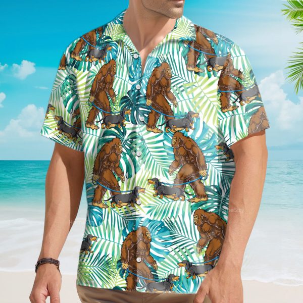 Funny Bigfoot Walking Dachshund Tropical Hawaiian Shirt