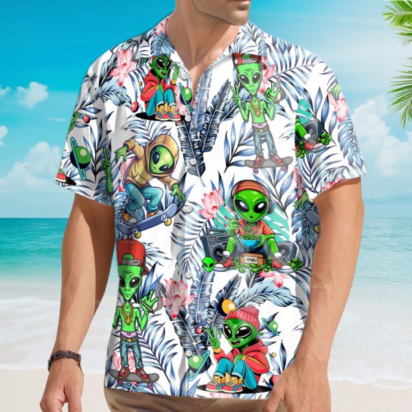 Funny Green Alien Streetwear Skater Tropical Hawaiian Shirt