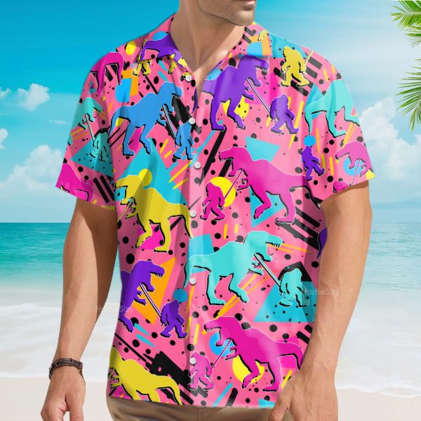 Retro Dinosaur & Bigfoot 80S Neon Hawaiian Shirt