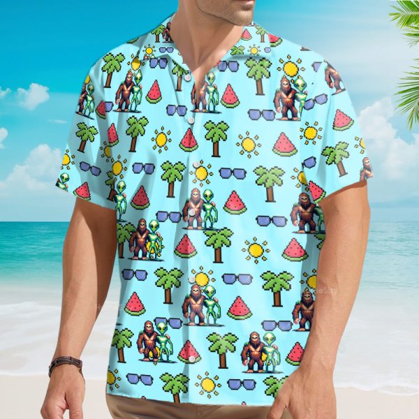 Retro Pixel Bigfoot & Ufo Alien Tropical Hawaiian Shirt