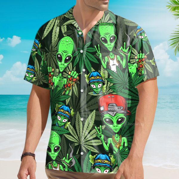 Funny Green Alien Weed Hawaiian Shirt
