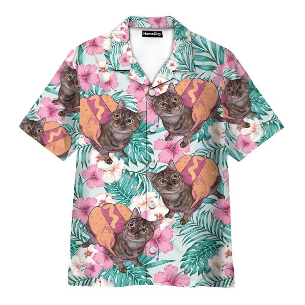 Funny Cat Hot Dog Hotdog Cat Tropical Aloha Hawaiian Shirt