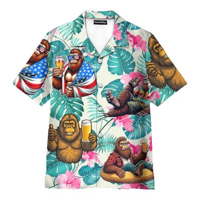 Funny Bigfoot Drink Beer Tropical Floral Hawaiian Shirt