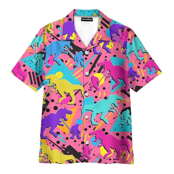 Retro Dinosaur & Bigfoot 80S Neon Hawaiian Shirt