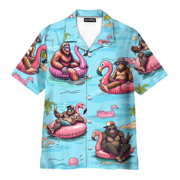 Funny Bigfoot Flamingo Pool Party Tropical Hawaiian Shirt