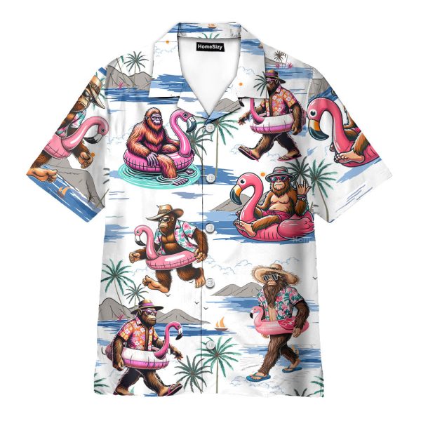 Funny Bigfoot Flamingo Relaxing Sasquatch Tropical Hawaiian Shirt