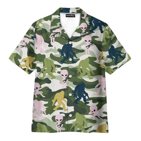 Alien & Bigfoot Camo Funny Ufo Sasquatch Hawaiian Shirt