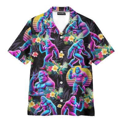 Neon Bigfoot Retro 80S Vaporwave Sasquatch Hawaiian Shirt