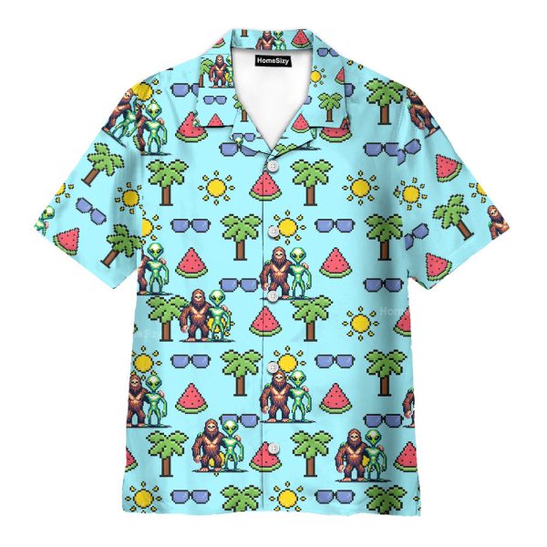 Retro Pixel Bigfoot & Ufo Alien Tropical Hawaiian Shirt