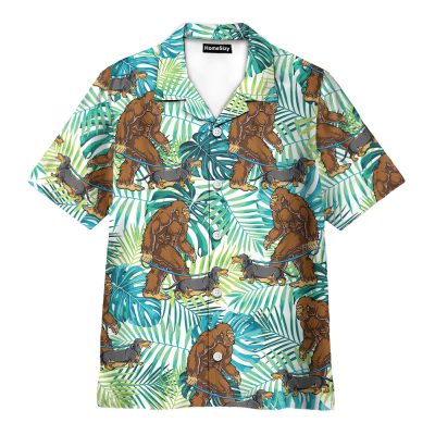 Funny Bigfoot Walking Dachshund Tropical Hawaiian Shirt