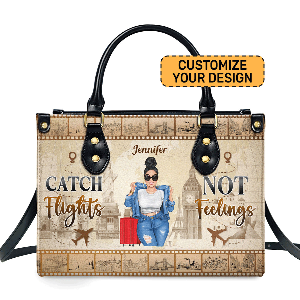 Catch Flights Not Feelings - Personalized Leather Hand Bag Sblhbha38