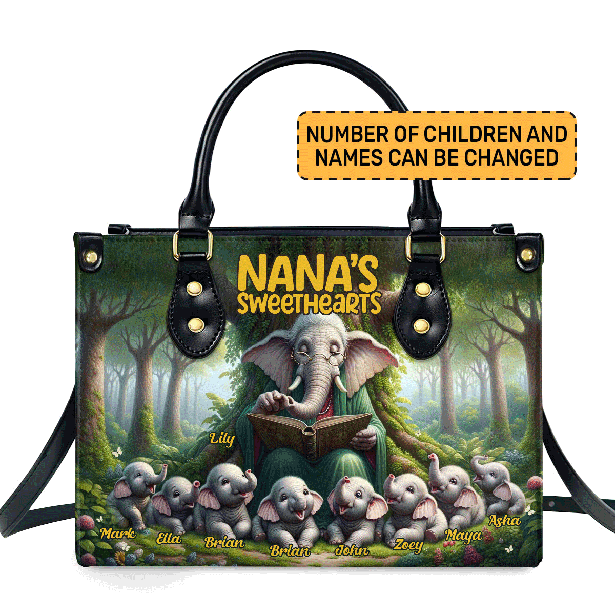 Nana'S Sweethearts - Elephants Personalized Leather Handbag Stb75