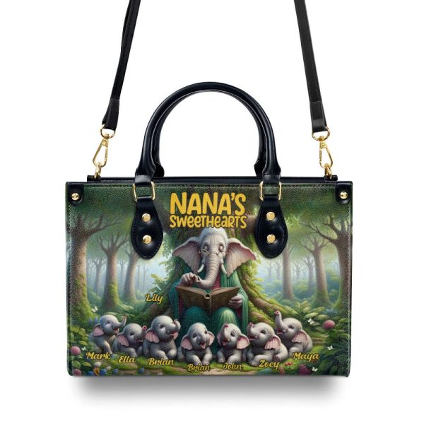 Nana'S Sweethearts - Elephants Personalized Leather Handbag Stb75