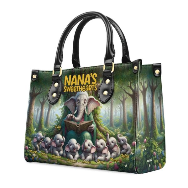Nana'S Sweethearts - Elephants Personalized Leather Handbag Stb75