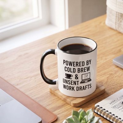 Powered By Cold Brew & Unsent Drafts Mug - Funny Sarcastic Corporate Office — lifestyle scene