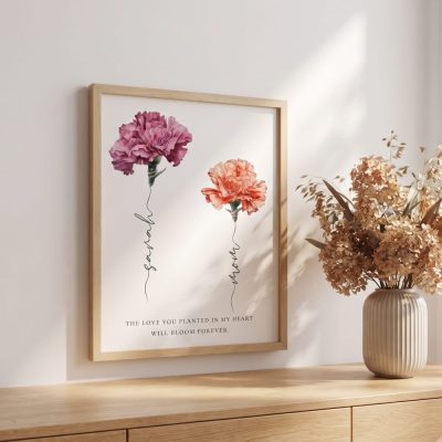 Personalized Carnation Mother’s Day Print - Custom Name Floral Poster - Mom & Kids Gift - Meaningful Mother’s Day Gift