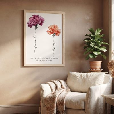 Personalized Carnation Mother’s Day Print - Custom Name Floral Poster - Mom & Ki — lifestyle scene