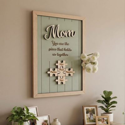 Mom Puzzle Sign Mothers Day Gift from Kids Husband Custom Engraved Wood Sign Pie — lifestyle scene