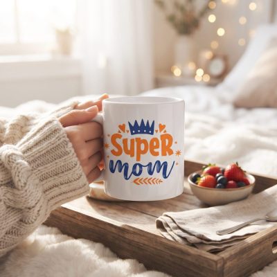 Super Mom Mug, Inspirational Coffee Cup for Moms, Best Mom Gift, Mothers Day Pre — lifestyle scene